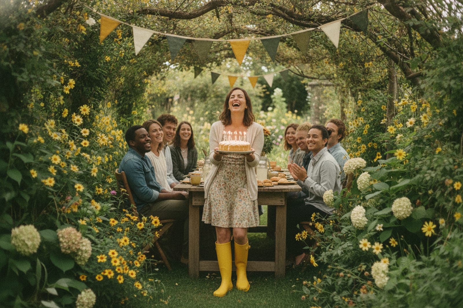 A laughing woman in yellow wellies carrying a birthday cake to friends at a garden party
