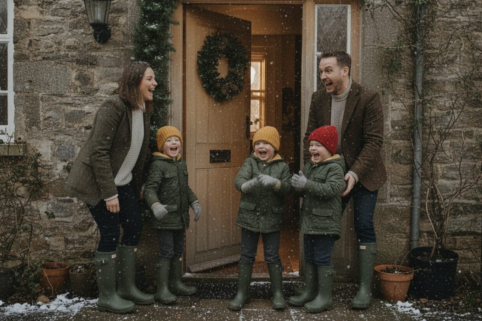 A family laughing in falling snow outside their front door, all wearing green wellies