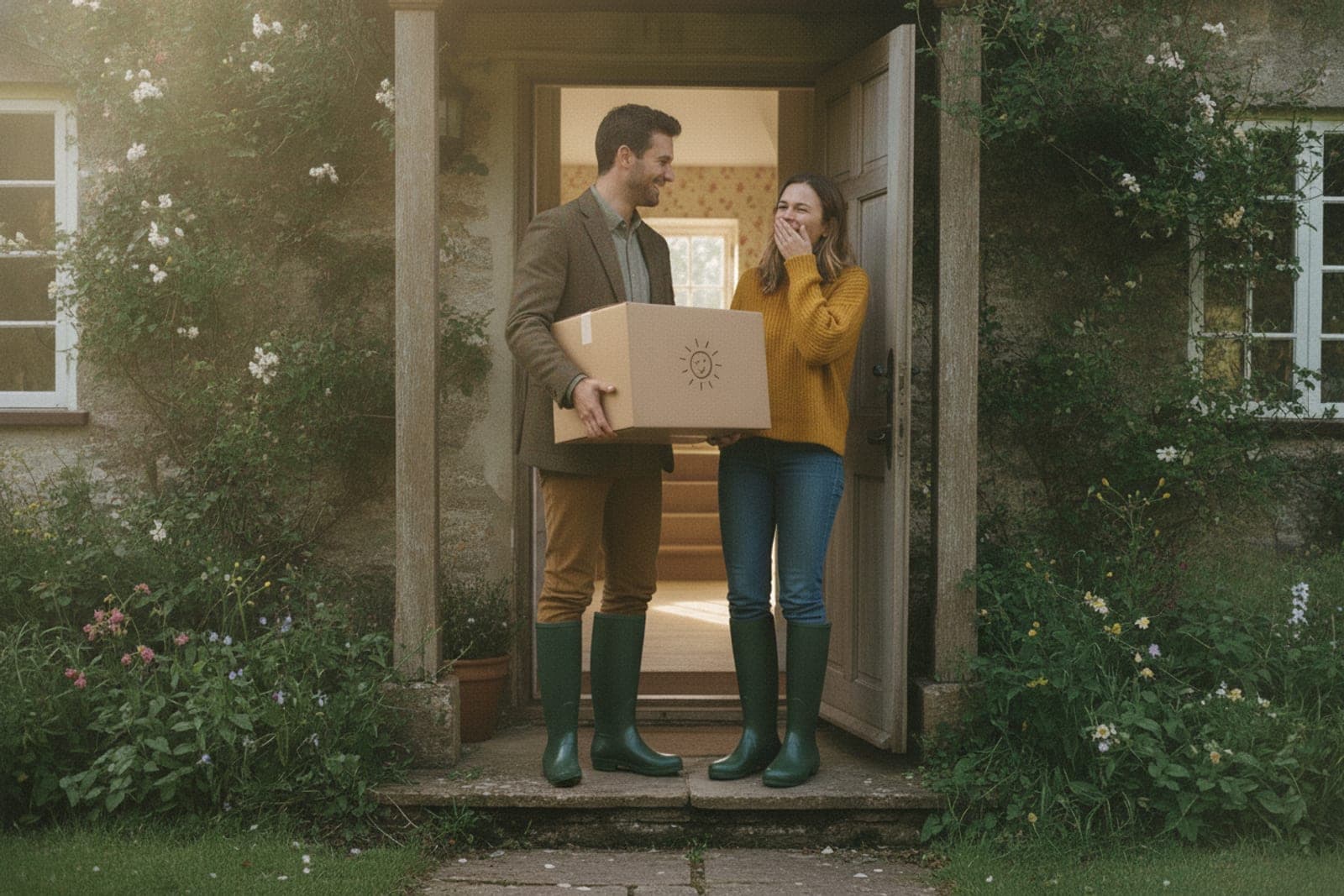A laughing couple with a moving box on the doorstep of their new cottage, wearing green wellies