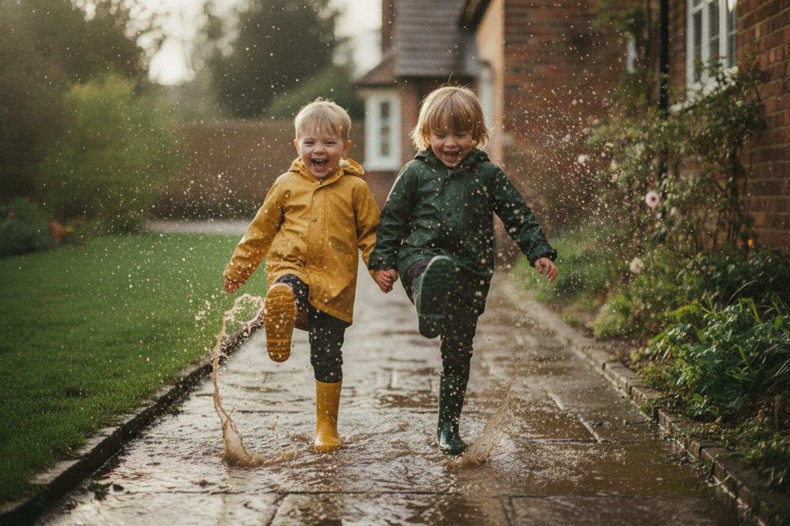 Two children laughing as they splash through a puddle in bright wellies