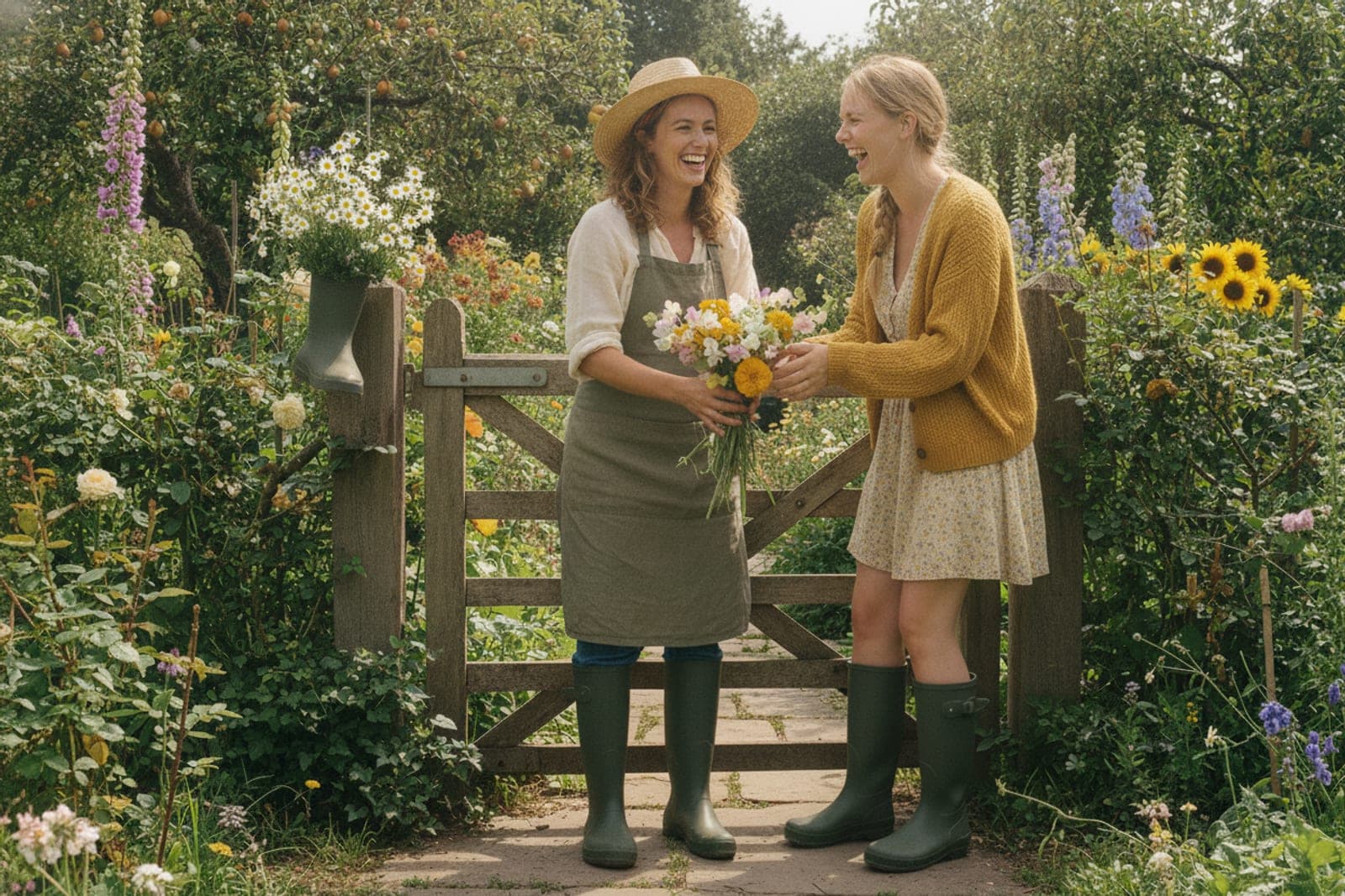 Two friends laughing as they exchange fresh-cut flowers over a garden gate, both in green wellies