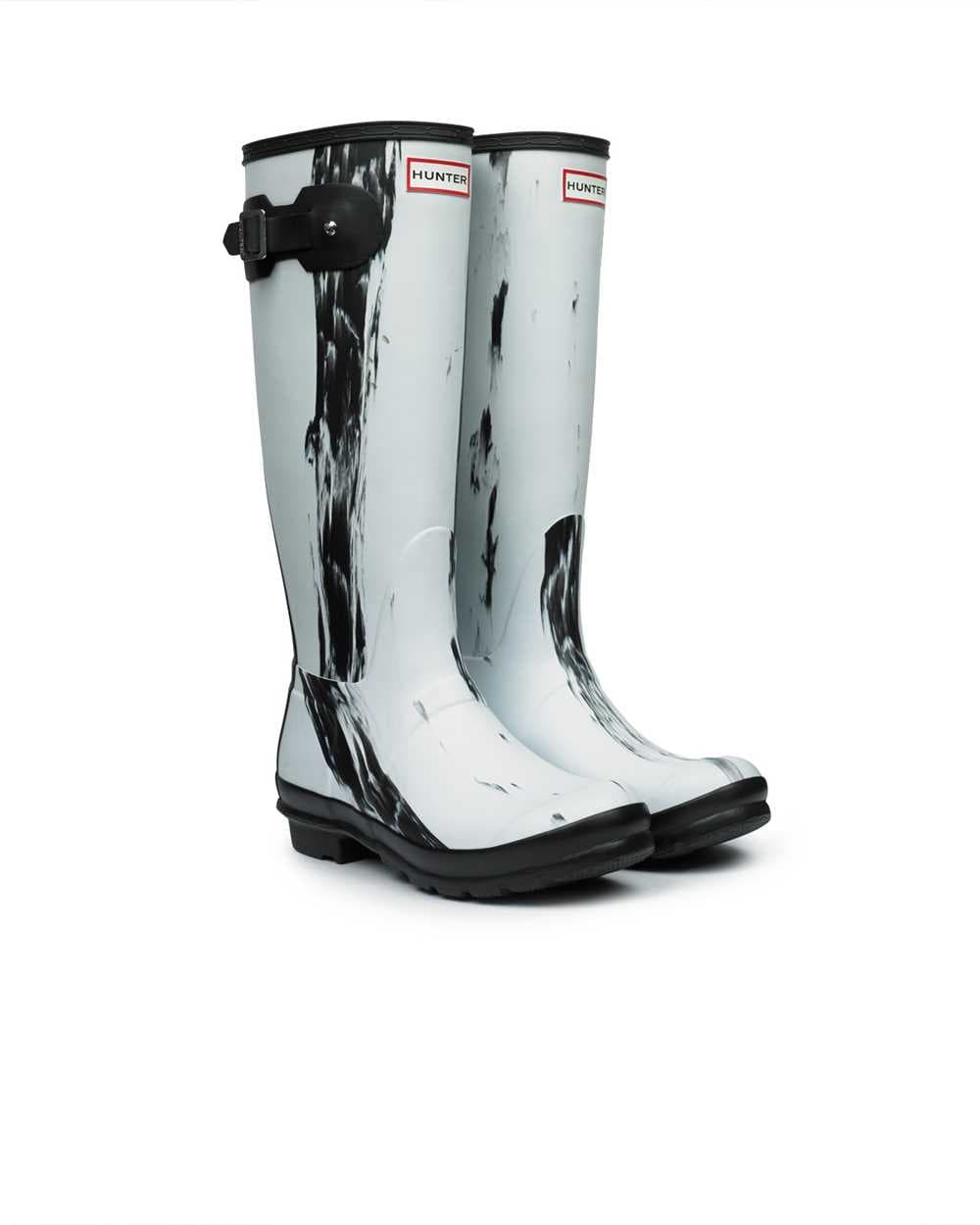 Hunter Tall Original Nightfall Black and White Wellington Boots in White / Black, view 2