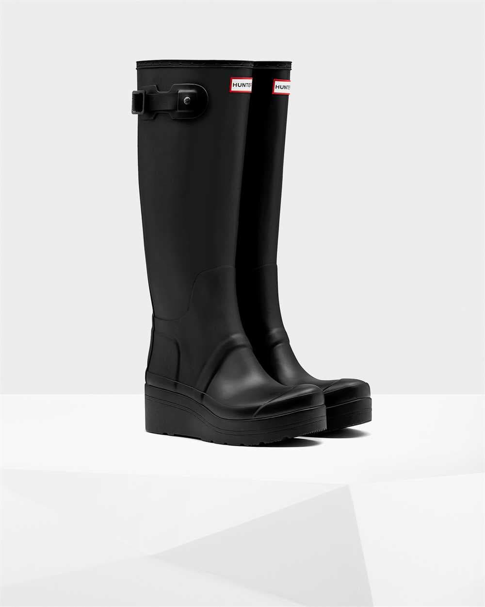 Hunter Women's Original Tall Slim Wellington Boots Low Wedge Sole in Black, view 2
