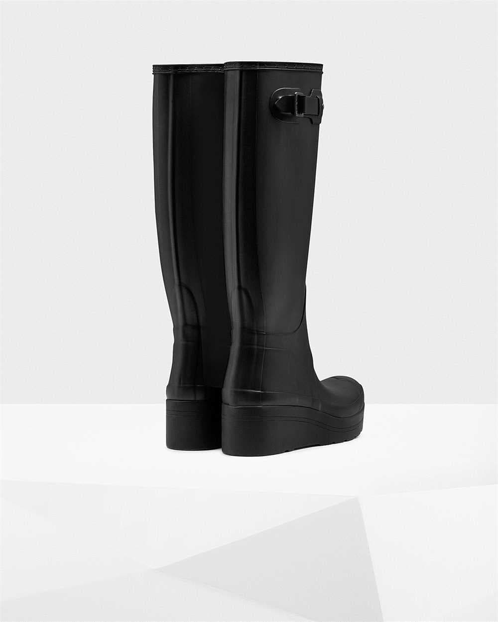 Hunter Women's Original Tall Slim Wellington Boots Low Wedge Sole in Black, view 3