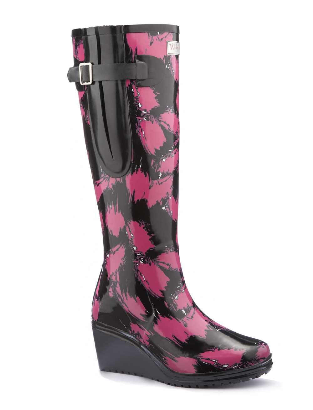 Wedge Welly Black with Pink Splash (SAVVY) Flex (wide calf)