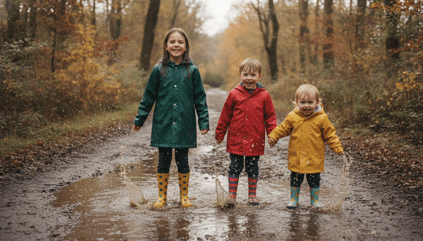 Children in colourful wellington boots splashing along a puddled woodland path