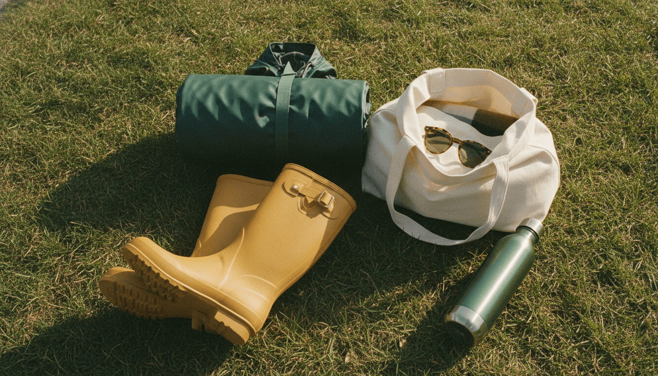 Colourful camping tents pitched in a green field at a summer music festival