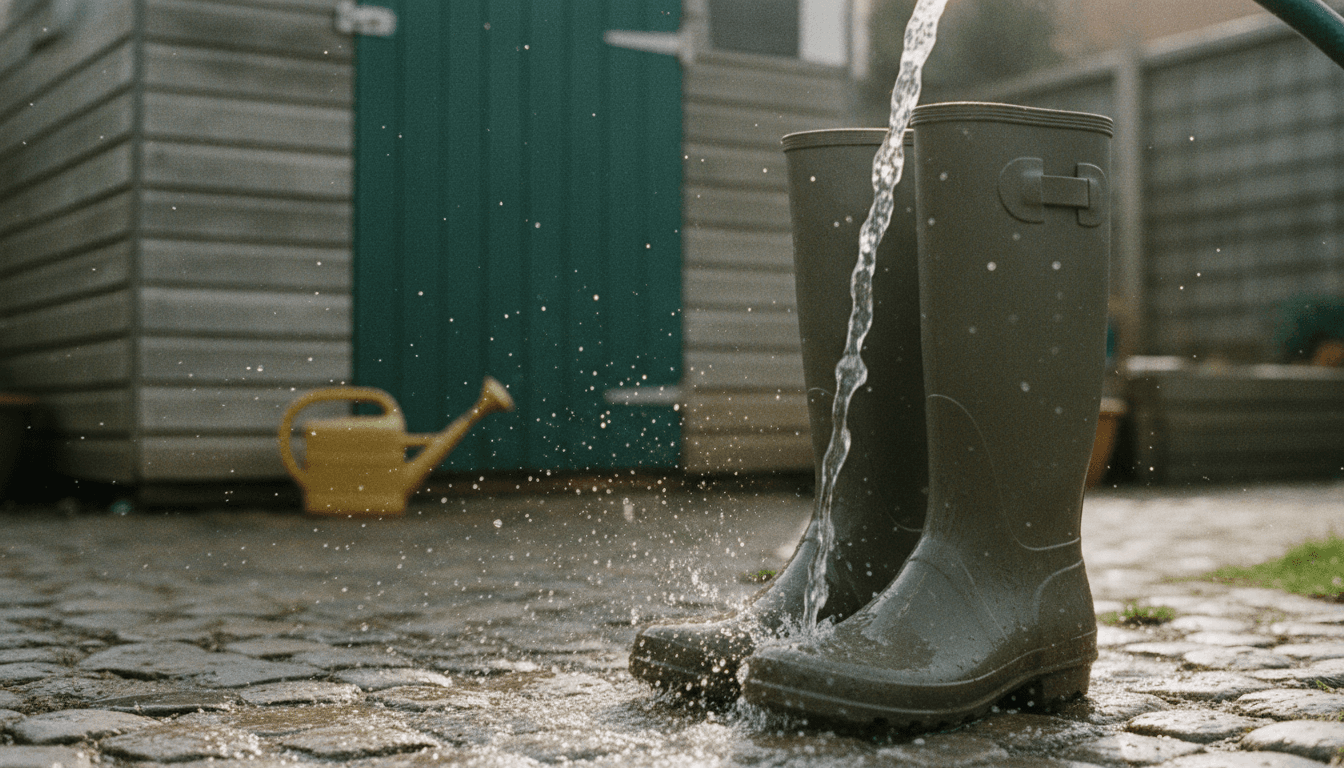 Person wearing black wellington boots standing on a wet road