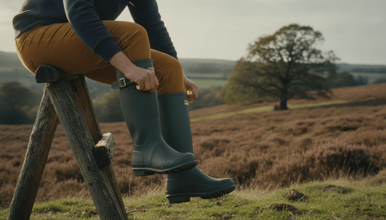 Close-up of leather boots on a muddy country path