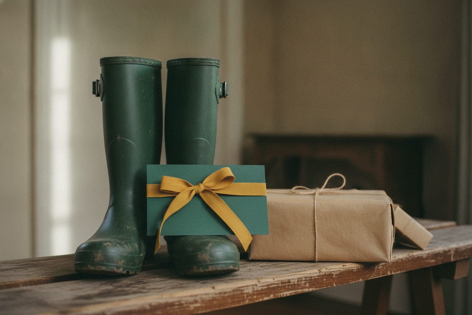 A racing green gift card tied with a mustard ribbon, resting against wellington boots beside wrapped presents