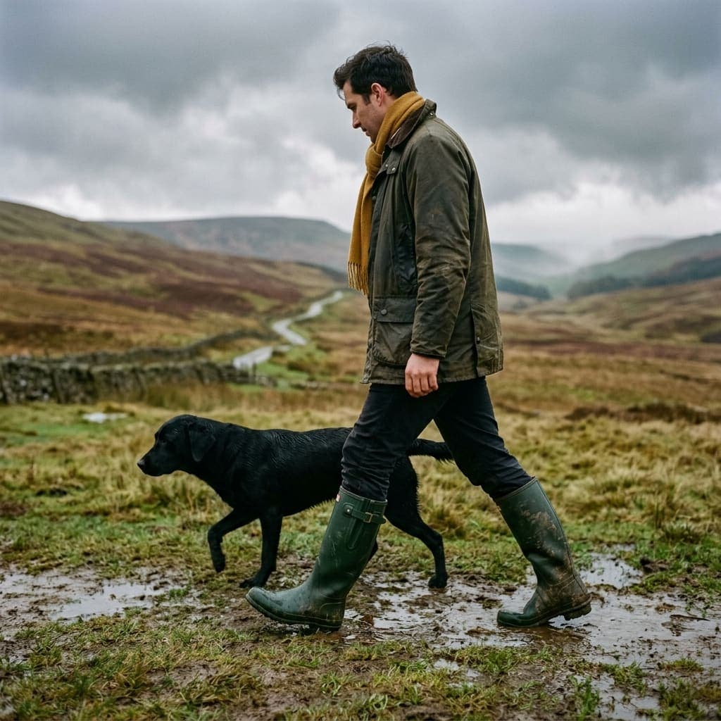 Man in tall green wellington boots and waxed jacket striding across a wet country estate with his dog