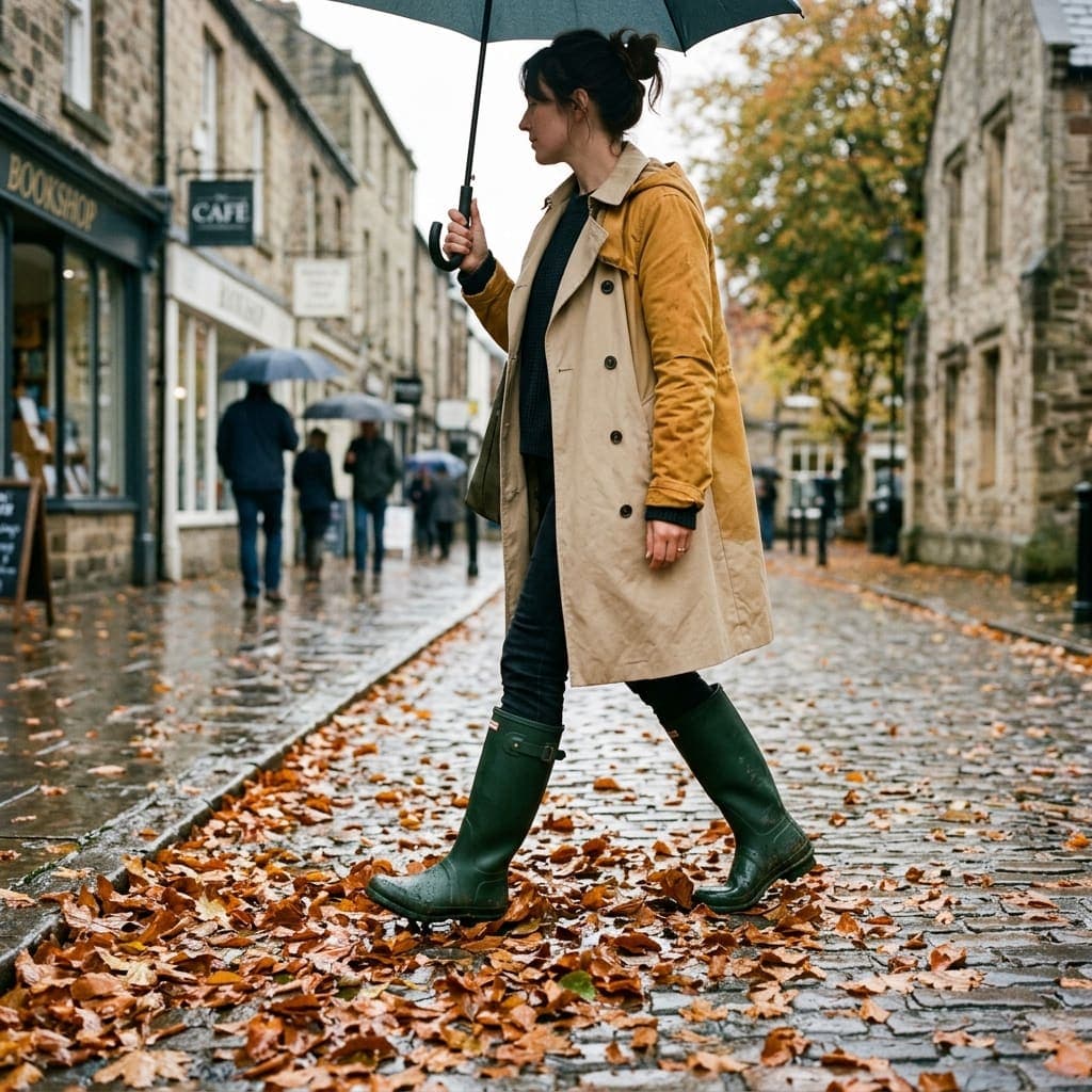 Woman in green wellington boots and trench coat stepping through autumn leaves on a rainy town street