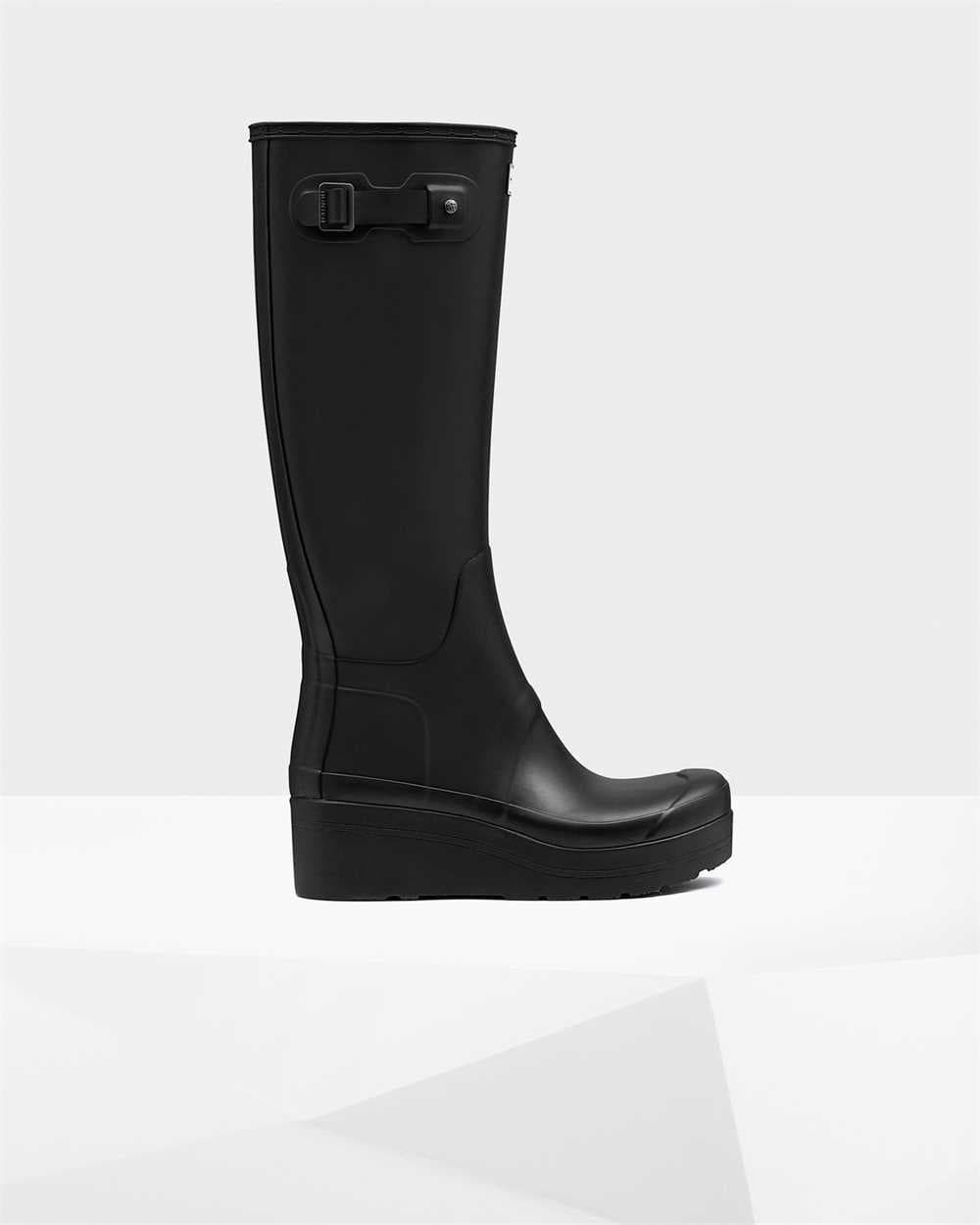 Hunter Women's Original Tall Slim Wellington Boots Low Wedge Sole in Black