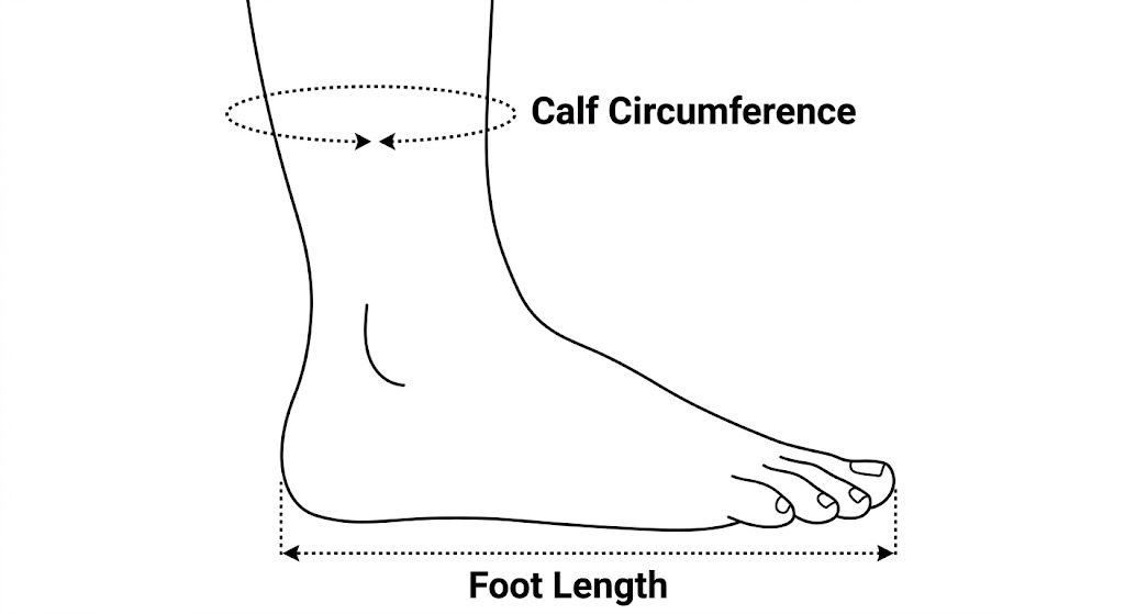 Foot measurement diagram showing where to measure foot length from heel to toe, and calf circumference around the widest part of the calf